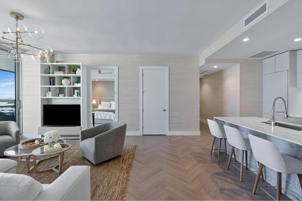 Interior, Kitchen, Living room, Pendant Lights, Recessed Lighting, Wood Texture Flooring