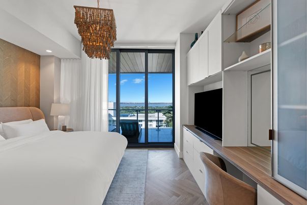 Bedroom, Chandelier, Interior, Recessed Lighting, Wood Texture Flooring