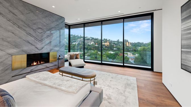 Bedroom, Fireplace, Interior, Recessed Lighting, Wood Texture Flooring