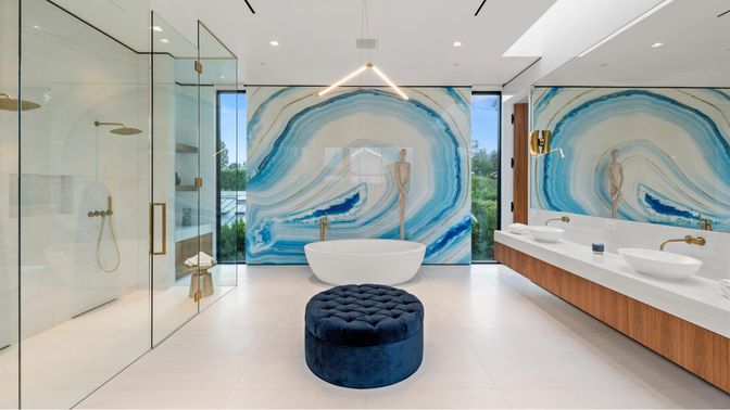 Bathroom, Dual Sink Vanities, Free Standing Baths, Glass Shower, Interior, Recessed Lighting
