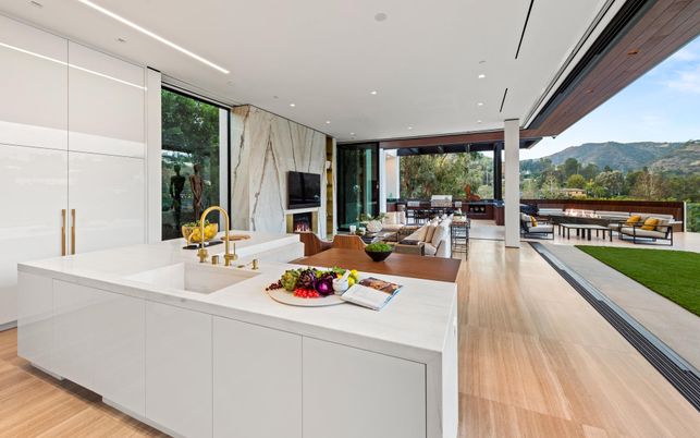 Dining room, Fireplace, Interior, Living room, Recessed Lighting, Wood Texture Flooring