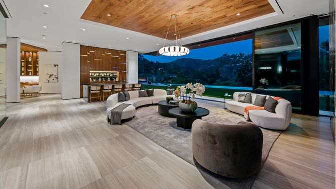 Interior, Living room, Pendant Lights, Recessed Lighting, Wooden Ceilings, Wood Texture Flooring