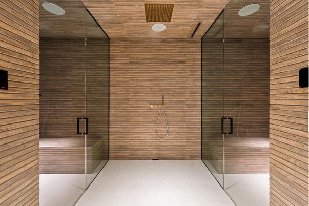 Bathroom, Glass Shower, Interior, Wooden Walls