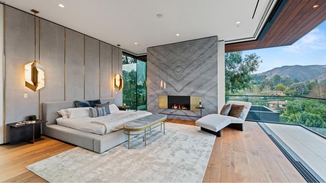 Fireplace, Interior, Recessed Lighting, Wood Texture Flooring