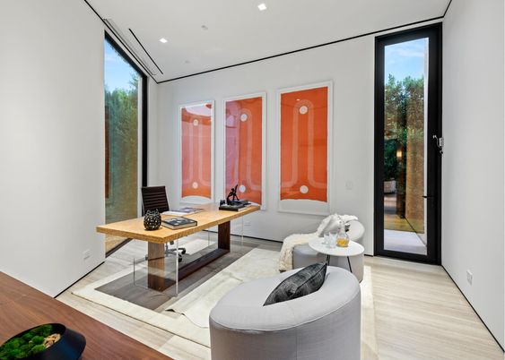 Home Office, Interior, Recessed Lighting, Wood Texture Flooring