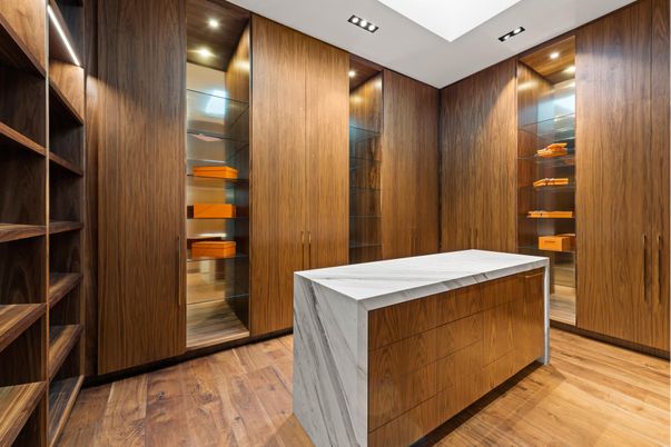 Interior, Recessed Lighting, Walk-in Closets, Wood Texture Flooring, Wooden Walls
