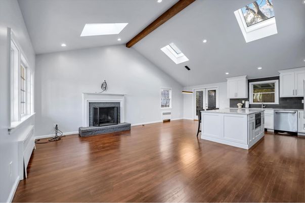 Fireplace, Interior, Kitchen, Pendant Lights, Recessed Lighting, Wooden Beams, Wood Texture Flooring