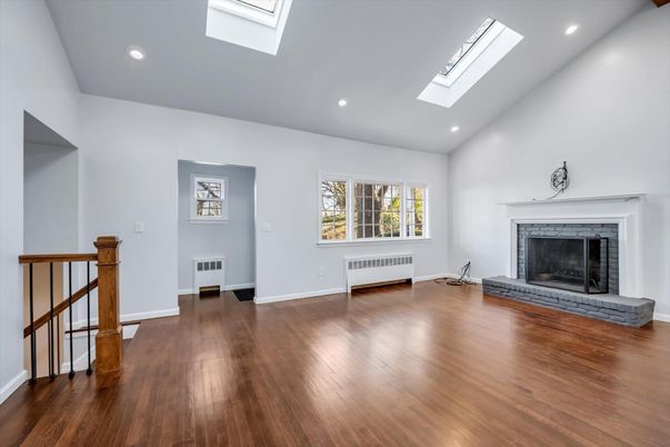 Empty room, Fireplace, Interior, Recessed Lighting, Wood Texture Flooring