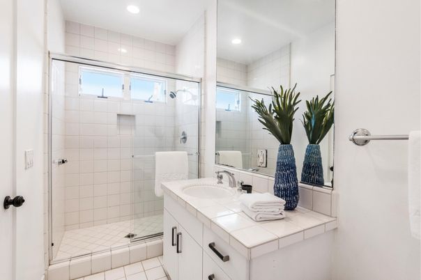 Bathroom, Glass Shower, Interior, Recessed Lighting, Tile Countertops