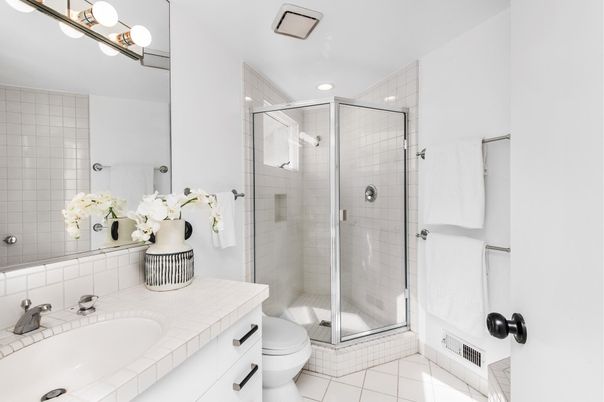 Bathroom, Glass Shower, Interior, Recessed Lighting, Tile Countertops