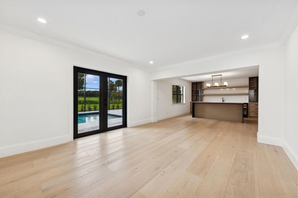 Empty room, Interior, Kitchen, Pendant Lights, Recessed Lighting, Wood Texture Flooring