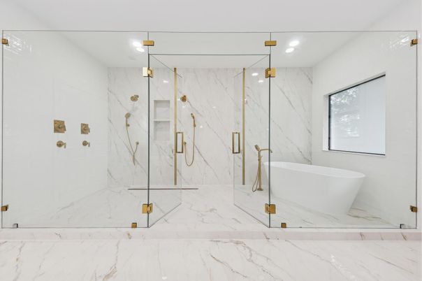 Bathroom, Free Standing Baths, Glass Shower, Interior, Marble, Marble Walls, Recessed Lighting