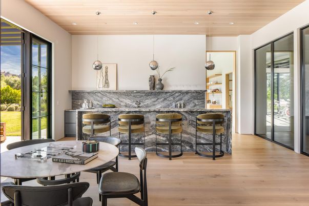 Dining room, Interior, Pendant Lights, Recessed Lighting, Wooden Ceilings, Wood Texture Flooring