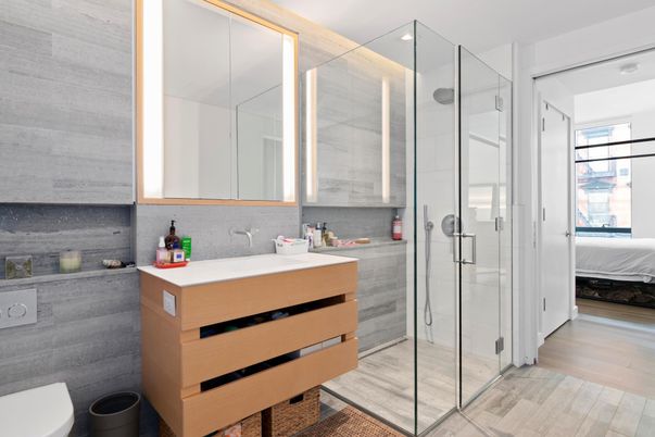Bathroom, Glass Shower, Interior, Recessed Lighting, Wood Texture Flooring