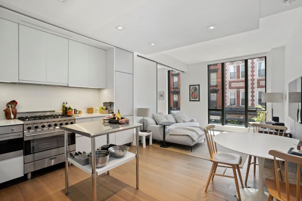 Dining room, Interior, Kitchen, Living room, Recessed Lighting, Stainless Steel Appliances, Wood Texture Flooring
