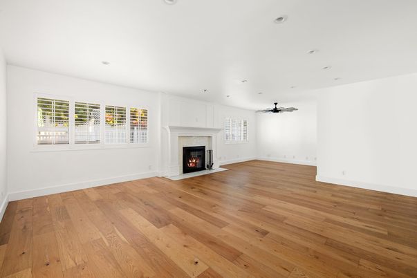 Empty room, Fireplace, Interior, Recessed Lighting, Wood Texture Flooring