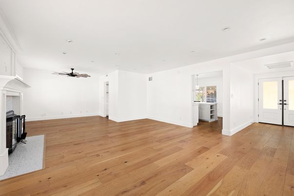 Empty room, Fireplace, Interior, Pendant Lights, Recessed Lighting, Wood Texture Flooring