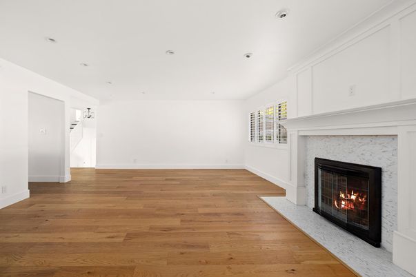 Empty room, Fireplace, Interior, Recessed Lighting, Wood Texture Flooring