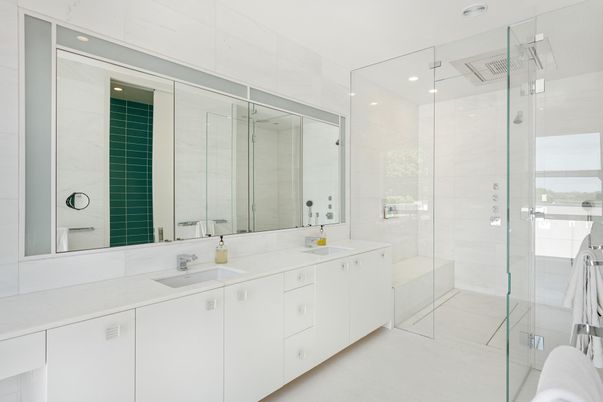 Bathroom, Dual Sink Vanities, Glass Shower, Interior, Recessed Lighting