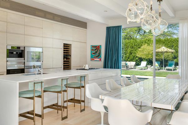 Dining room, Interior, Kitchen, Pendant Lights, Stainless Steel Appliances, Wood Texture Flooring
