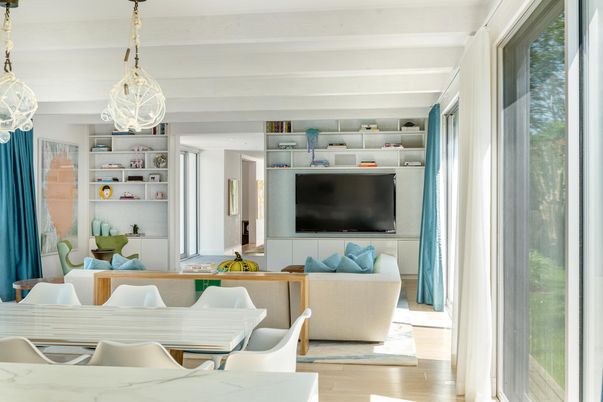 Dining room, Interior, Living room, Pendant Lights, Wood Texture Flooring