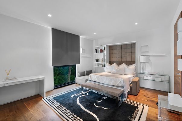 Bedroom, Fireplace, Interior, Recessed Lighting, Wood Texture Flooring