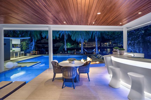 Exterior, Pool, Recessed Lighting, Wooden Ceilings