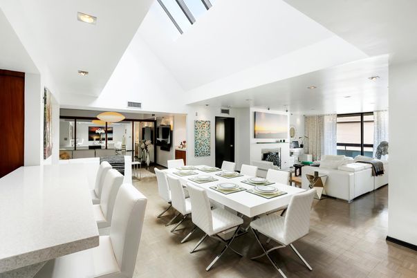 Dining room, Fireplace, Interior, Living room, Pendant Lights, Recessed Lighting, Wood Texture Flooring