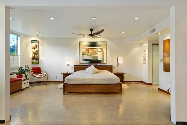 Bedroom, Interior, Recessed Lighting, Wood Texture Flooring