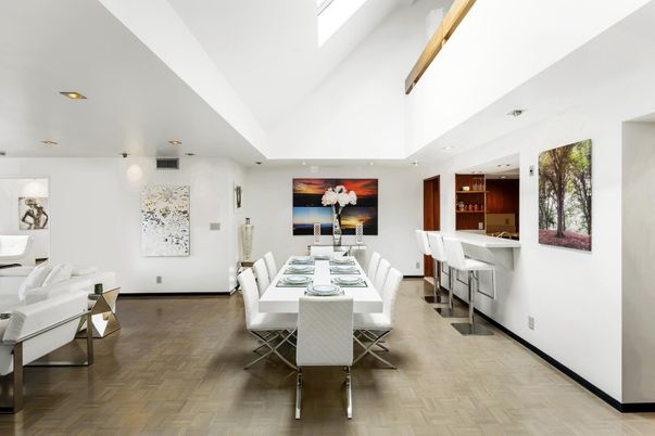 Dining room, Interior, Recessed Lighting, Wood Texture Flooring