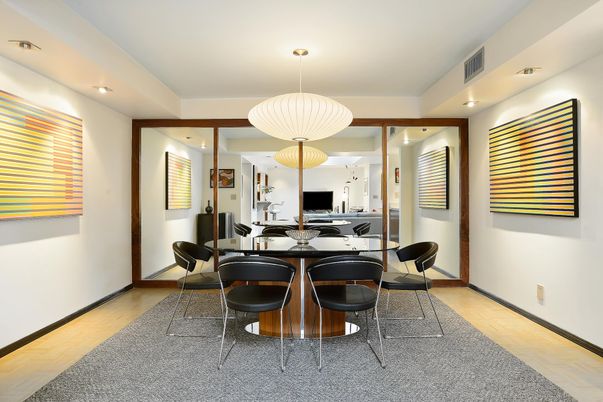Dining room, Interior, Pendant Lights, Recessed Lighting, Wood Texture Flooring