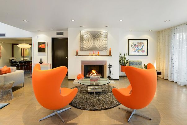 Dining room, Fireplace, Interior, Living room, Recessed Lighting, Wood Texture Flooring