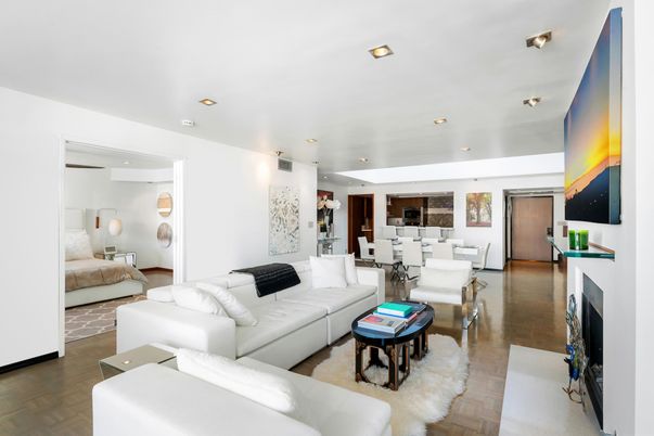 Dining room, Fireplace, Interior, Living room, Recessed Lighting, Wood Texture Flooring