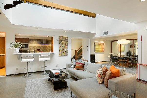 Dining room, Interior, Kitchen, Living room, Pendant Lights, Recessed Lighting, Stainless Steel Appliances, Stone Walls, Wood Texture Flooring
