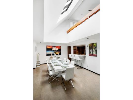 Dining room, Interior, Recessed Lighting, Wood Texture Flooring