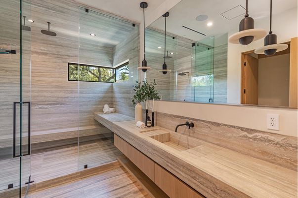 Bathroom, Glass Shower, Interior, Pendant Lights, Recessed Lighting, Wood Texture Flooring