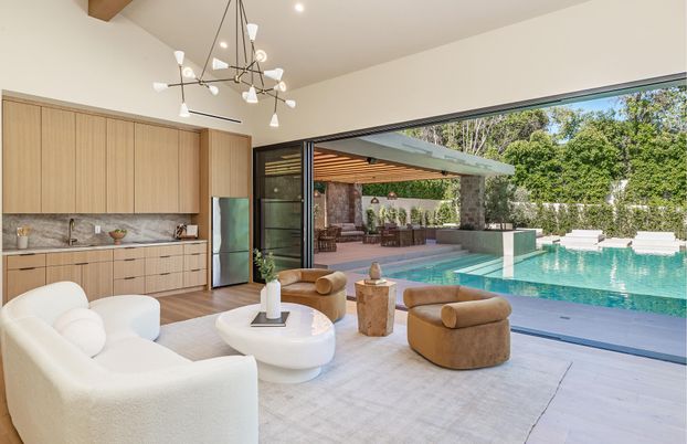 Interior, Living room, Pendant Lights, Pool, Recessed Lighting, Wooden Beams, Wood Texture Flooring