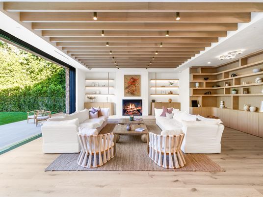 Fireplace, Interior, Living room, Recessed Lighting, Wood Texture Flooring