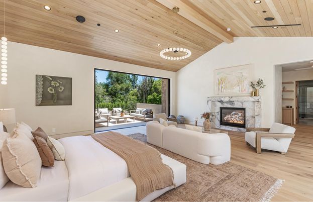 Bedroom, Fireplace, Interior, Living room, Pendant Lights, Recessed Lighting, Wooden Ceilings, Wood Texture Flooring