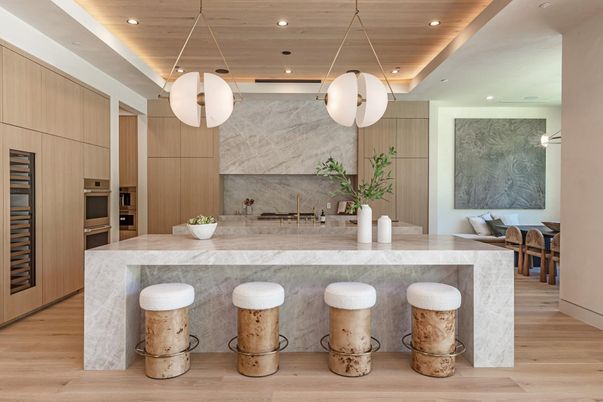 Interior, Kitchen, Marble Walls, Pendant Lights, Recessed Lighting, Stainless Steel Appliances, Wood Texture Flooring