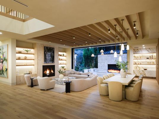 Dining room, Fireplace, Interior, Living room, Pendant Lights, Recessed Lighting, Wooden Beams, Wooden Ceilings, Wood Texture Flooring
