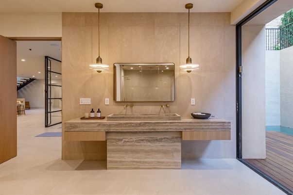 Bathroom, Dual Sink Vanities, Interior, Pendant Lights, Recessed Lighting