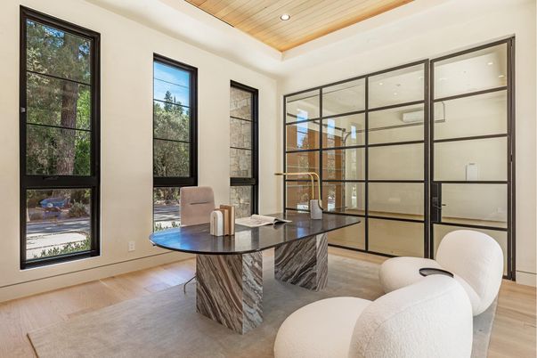 Home Office, Interior, Recessed Lighting, Wooden Ceilings, Wood Texture Flooring