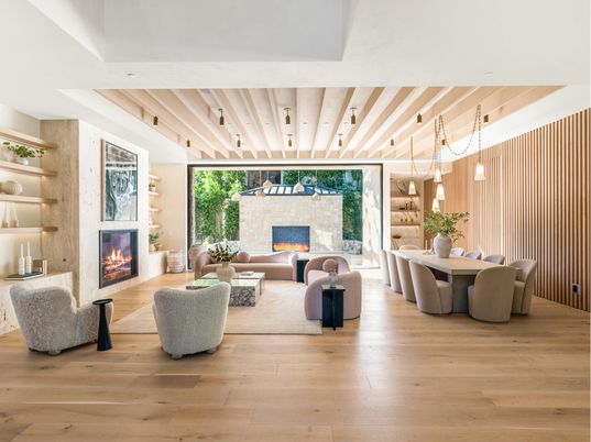 Dining room, Fireplace, Interior, Living room, Pendant Lights, Wooden Ceilings, Wood Texture Flooring