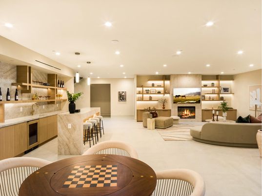 Dining room, Fireplace, Interior, Kitchen, Living room, Pendant Lights, Recessed Lighting