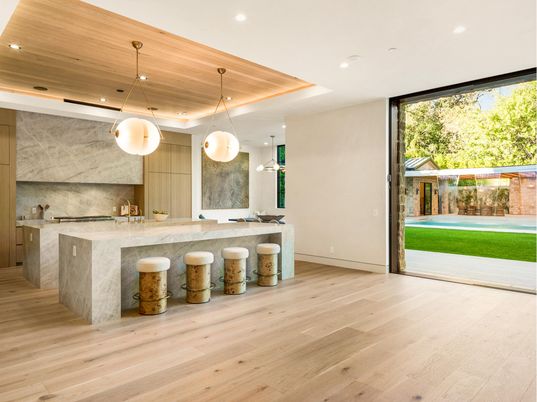 Interior, Kitchen, Marble Walls, Pendant Lights, Recessed Lighting, Wooden Ceilings, Wood Texture Flooring