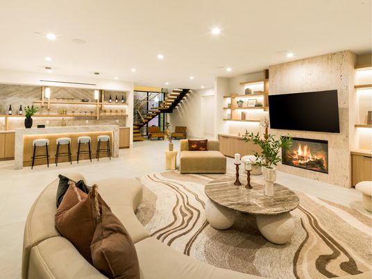 Fireplace, Interior, Kitchen, Living room, Pendant Lights, Recessed Lighting