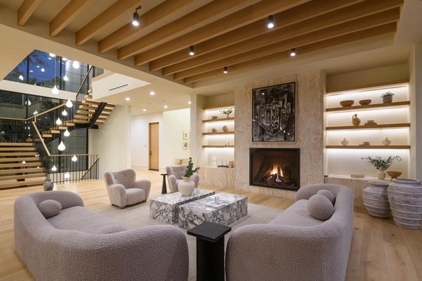 Fireplace, Interior, Living room, Pendant Lights, Recessed Lighting, Wooden Beams, Wood Texture Flooring