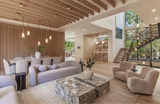 Dining room, Interior, Living room, Pendant Lights, Recessed Lighting, Wooden Beams, Wood Texture Flooring
