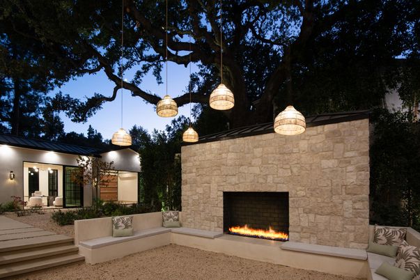 Exterior, Fireplace, Pendant Lights